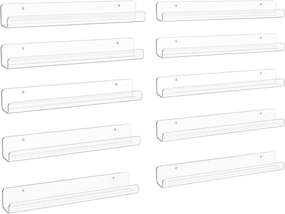 upsimples 10 Pack Clear Acrylic Shelves, 1.7" x12" Clear Wall Shelves for Nail Polish, Vinyl Wall Mount, Record Holder, Magazine Rack, Comic Display, Picture Ledge Shelf Décor