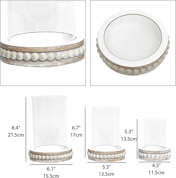 SWALLOWLIVING Glass Hurricane Candle Holders for Pillar Candles - Farmhouse Rustic Distressed White, Set of 3 with Wood Beaded Base