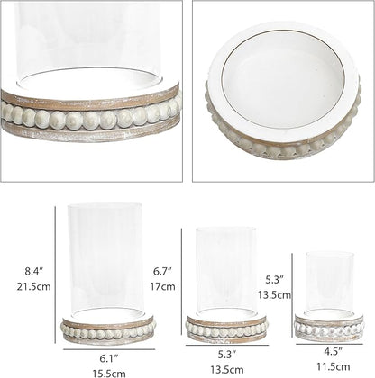 SWALLOWLIVING Glass Hurricane Candle Holders for Pillar Candles - Farmhouse Rustic Distressed White, Set of 3 with Wood Beaded Base