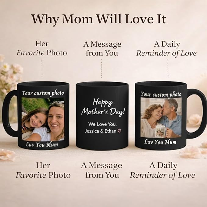 Personalized Coffee Mug with Photo Design, Mom Birthday Gifts Custom Mug Premium Ceramic Coffee Cups for Daily Use, Birthday Gifts for Mom, Presents for Mama, Gifts for Women(Black