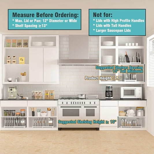EVERIE Adjustable Bakeware Organizer Pot Lid Holder Rack for Pots, Cake Molds, Cutting Boards, Mats, Cookware, GS02SS, 7.7'' Deep by 12.6'' to 21.5'' Wide