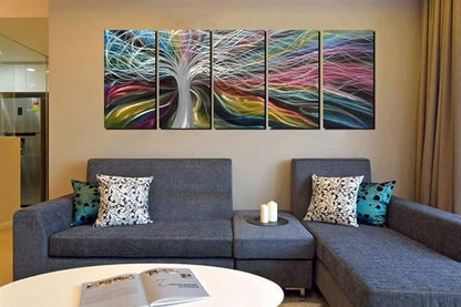 Unique Metal Wall Art with Colorful Fantastic Tree Design, Abstract Modern and Contemporary Décor, Metal Wall Sculpture, Silver Aluminum Artwork, Indoor and Outdoor decoration, 5 panels 64"x24"