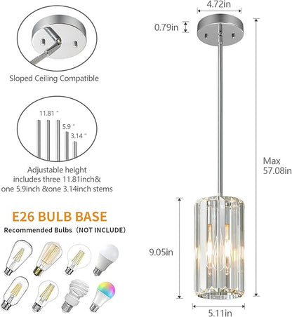 Chrome Pendant Lighting Modern Pendant Light Mini Crystal Chandeliers Adjustable Pendant Light Fixture for Kitchen Island Dinning Room Corridor Bedroom(Chorme 1-Light)