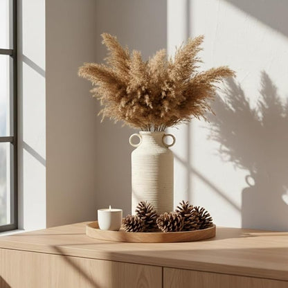 Ceramic Rustic Vase with 2 Round Handles, Antique Farmhouse Flower Vase, Vintage Terracotta Vases for Home Decor, Wedding, Living Room, Table, Shelf Decor - 10.2 Inch Tall, White