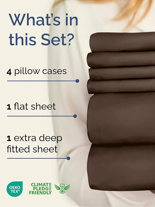 Extra Deep Queen Sheet Set - 6 Piece Breathable and Cooling Sheets - Hotel Luxury Bed Sheets Set - Easy & Secure Fit - Soft, Wrinkle Free and Comfy Sheets Set - Brown Sheet Set with Extra Deep Pockets
