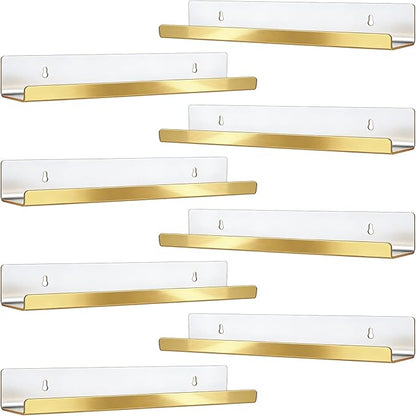 Blulu 8 Packs 14 Inch Acrylic Floating Shelf Wall Mounted Invisible Acrylic Shelf Ledge Floating Bookshelf for Living Room Office Bedroom Bathroom Kitchen Decoration Space Save (Golden)