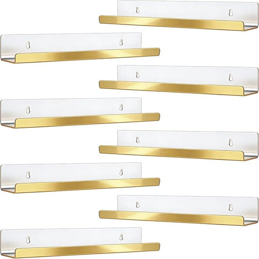 Blulu 8 Packs 14 Inch Acrylic Floating Shelf Wall Mounted Invisible Acrylic Shelf Ledge Floating Bookshelf for Living Room Office Bedroom Bathroom Kitchen Decoration Space Save (Golden)