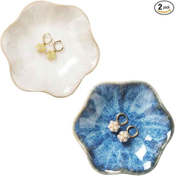 2PCS Lotus Leaf Shape Ring Holder Dish, Small Key Bowl, Ceramic Trinket Tray Jewelry Dish Organizing Necklace Earrings for Mom Friend Sister, All Jewelries Are NOT Included. White+Light Blue.