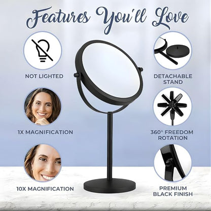 MIRRORVANA 10X Magnifying Makeup Mirror on Round Stand for Tabletop, Bedroom Vanity Desk and Bathroom Counter - Free Standing Double Sided 10X/1X Magnification Mirror - 7" Wide and 14" Tall (Black)
