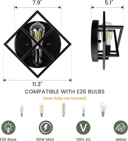 Farmhouse Wall Sconce with Black Finish,Set of 2 Rustic Wall Sconces Indoor Wall Light Fixtures 11.3in for Stairway, Living Room, Bedroom, Bathroom (1 Light,E26 Base, No Bulbs)