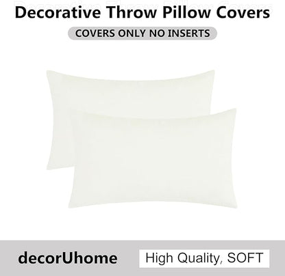 decorUhome Chenille Cream White Spring Throw Pillow Covers 12x20 Inch Set of 2, Decorative Soft Couch Pillow Covers Solid Dyed Accent Farmhouse Neutral Rectangle Pillow Cases for Sofa