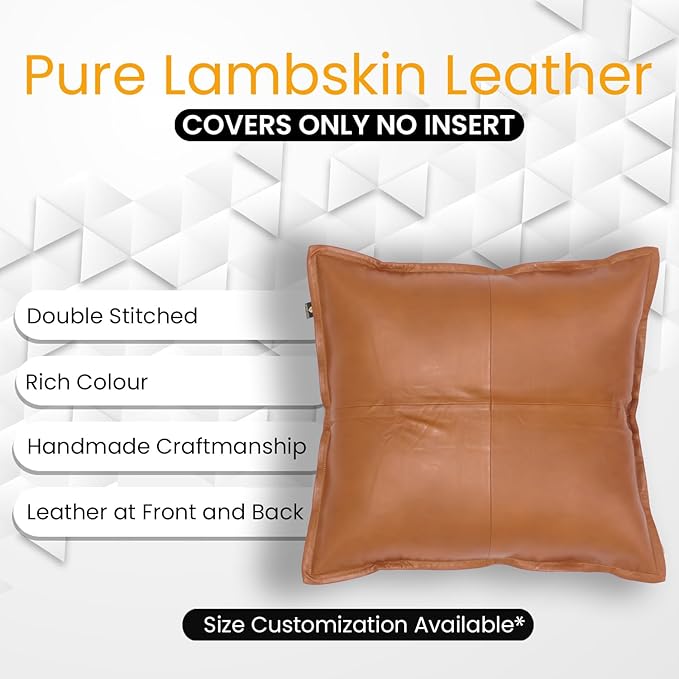 LL LEATHER LOVERS Lambskin Leather Pillow Cover - Sofa Cushion Case - Decorative Throw Covers for Living Room & Bedroom, 22x22 Inches - Camel Antique Box Pack of 2
