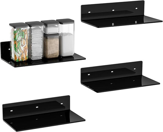 12 Inches Black Wall Shelves Set of 4, Acrylic Floating Shelf for Wall, Wall Mounted Display Shelf for Bedroom, Living Room, Funko Pop Shelves, Smart Speaker, 4 Pack