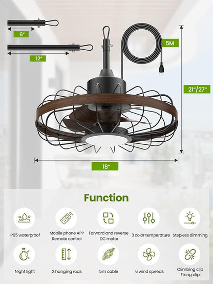 Outdoor Ceiling Fans with Light for Patios Waterproof, 18 Inch Ceiling Fan Smart APP & Remote Control, 6 Speeds, 3 Color Temperatures, Gazebo Fan Lights Outdoor Ceiling Fans for Patio,Porch