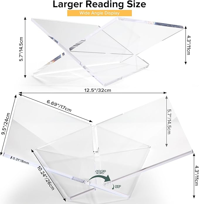 Acrylic Book Stand Large Clear Acrylic Book Holder, 12.5" x 9.5" x 5.7", Open Book Holder Stand for Display and Reading Cookbooks, Art Books, Bibles, Magazines - Home and Office
