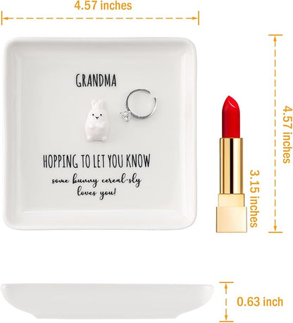 HOME SMILE for Grandma Grandmother,Bunny Ring Dish Jewelry Tray-Mothers Day Thanksgiving Day Birthday Gifts for Mimi Nana Gigi