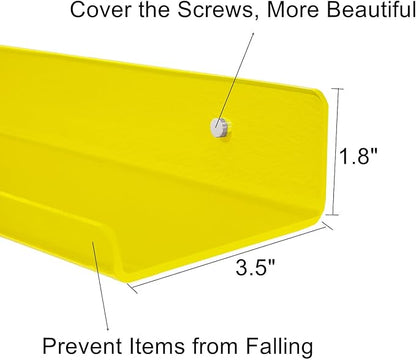 ROYALITA Small Acrylic Shelves Wall Mounted | Set of 2 | 12 Inches | Wall Hanging Plant Display Shelves, Room Decor Floating Wall Shelves for Gaming Room Bedroom, Living Room, Office, Yellow