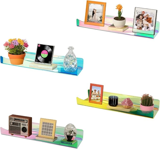 4Pack Acrylic Wall Shelf Organizers 15Inch Floating Shelf for Wall Decor Bookshelf for Kids Modern Iridescent Wall Mount Shelf (4, Iridescent)
