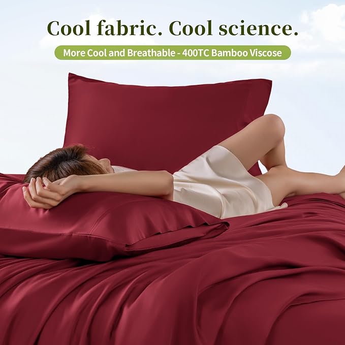 Shilucheng 100% Viscose Derived from Bamboo_ Sheets Queen Size 4pcs - Ultra Cooling & Silky Soft Bed Sheets, 16" Deep Pocket, Perfect for Hot Sleepers, Hotel Bedding Sheets (Burgundy)
