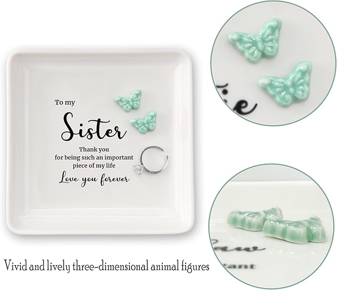 HOME SMILE Sister Gift from Sister Brother-Butterfly Ring Dish Jewelry Tray-Present Gifts for Sister Birthday Christmas Thanksgiving Wedding-Thank You for Being Such An Important Piece