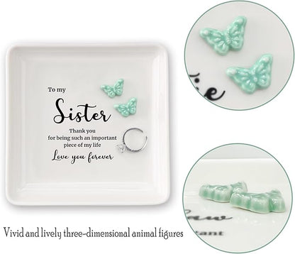 HOME SMILE Sister Gift from Sister Brother-Butterfly Ring Dish Jewelry Tray-Present Gifts for Sister Birthday Christmas Thanksgiving Wedding-Thank You for Being Such An Important Piece