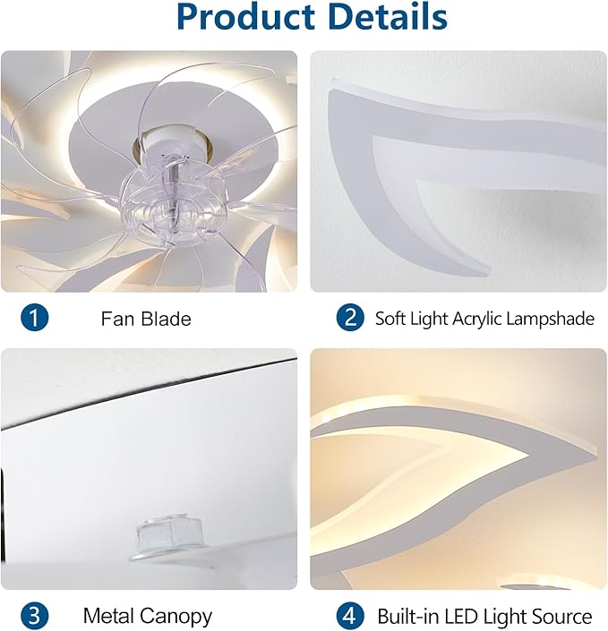HuixuTe 32" White Geometric Modern 6-head Ceiling Fan with Lights Remote Control, Low Profile Ceiling Fan with Light for Kitchen Bedroom Living Room