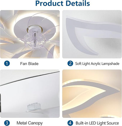 HuixuTe 32" White Geometric Modern 6-head Ceiling Fan with Lights Remote Control, Low Profile Ceiling Fan with Light for Kitchen Bedroom Living Room