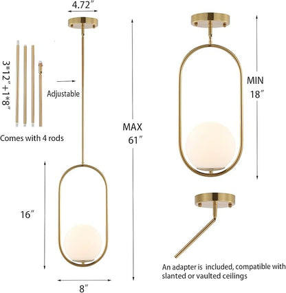 Modern Gold Globe Pendant Light Mid Century Chandelier 1-Light Brushed Brass Ceiling Hanging Lighting Fixture with White Globe Glass Shade for Kitchen Island Dining Room Bedroom