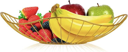 Lainrrew Metal Wire Fruit Basket, Fruit Bowl Fruits Holder Snacks Storage for Kitchen Counter, Metal Bread Basket Vegetable Holder Stand Storage Baskets for Countertop, Home Decor (Gold)
