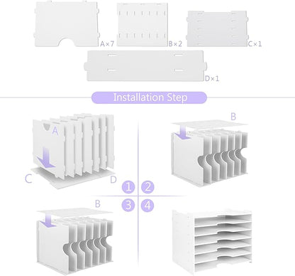 Paper Organizer Storage for Desk, 7 Tier Wide Construction File Organizer Paper Sorter, Desktop Document Storage Holder for Home Office School, White