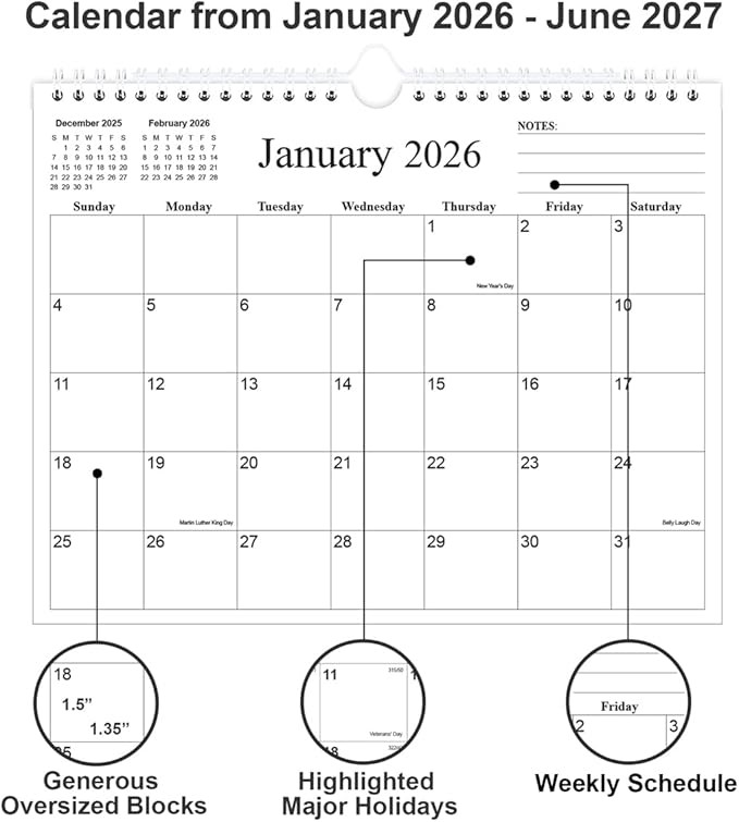 2026 Calendar - 18 Months Calendar 2026 from January 2026 to June 2027, Wall Calendar 2026 with Thick Paper for Home/Office/School, 8.5" x 11", Black
