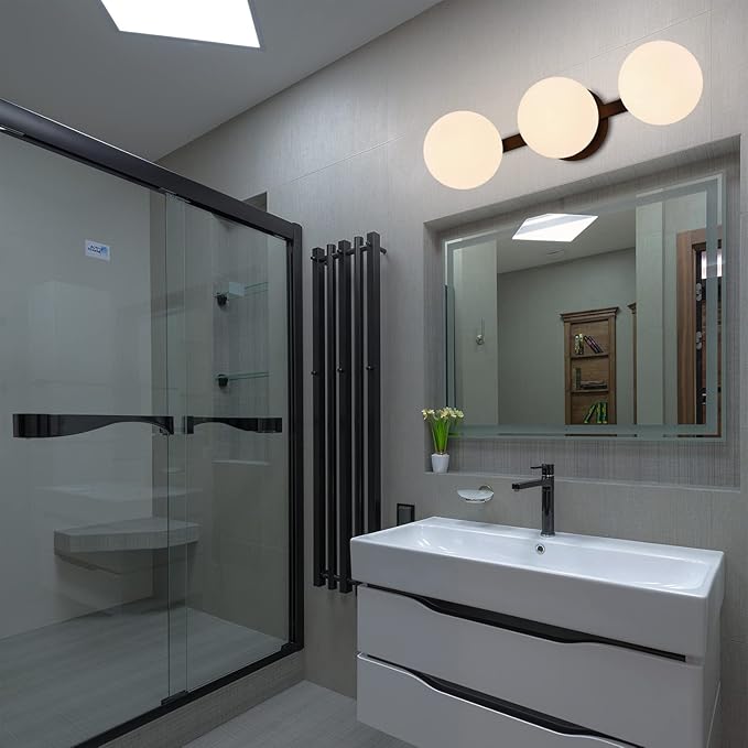 Black Bathroom Vanity Light Fixtures, Modern 3 Lights Globe Wall Sconce Lighting, Porch Wall Mount Light Fixture for Bathroom, Mirror Cabinets Hallway Stairs (Matte Black, 3-Light)