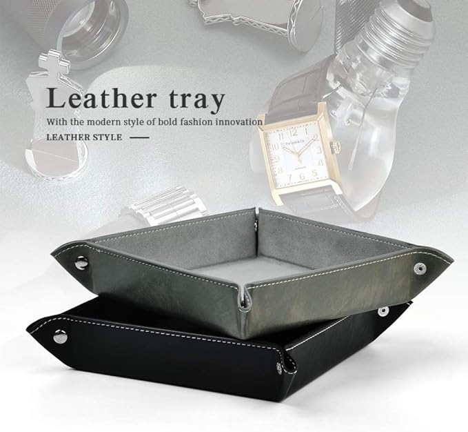 Oirlv Premium Leather Valet Tray for Men Jewelry Organizer, Desktop Storage,Key Wallets Cell Phones Catchall Tray Nightstand or Dresser Organizer Plate (Grey)