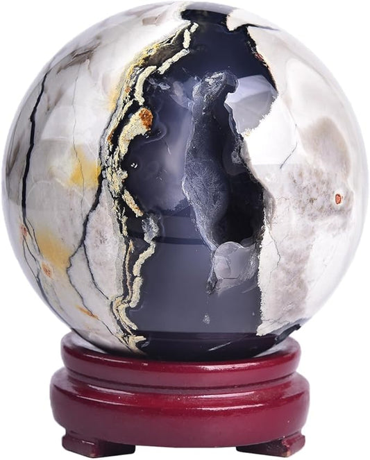 JIC Gem Volcanic Agate Crystal Sphere Large Quartz Crystal Ball with Stand Healing Ornament Witchcraft Meditation Decor 3.5-4 inch(90-100mm)