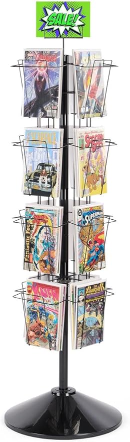 Displays2go 59" Tall Metal Wire Rotating Magazine Rack with 16 Pocket and Sign Holder - Black (WSFM416PB)