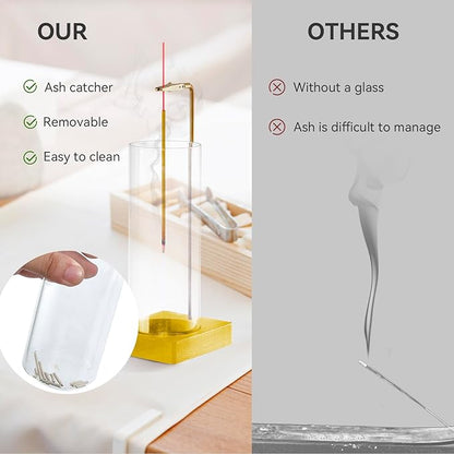1 Pack Incense Holder for Sticks, Insence-Stick Holder Ash Catcher with Removable Glass [Anti-Ash Flying], Mess-Free Incense Burner Holder, Perfect for Meditation Yoga Relaxation,Home Decor(Gold Base)