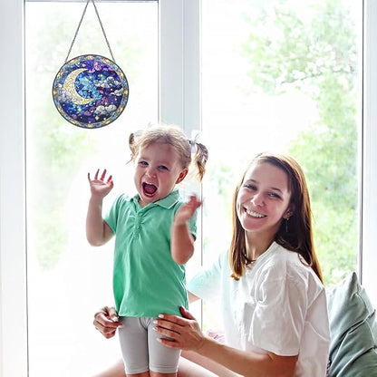 Moon Suncatcher Stained Glass Window Hanging Decor-Celestial Night Sky Design for Indoor Windows, Bedroom or Living Room, Unique Gift for Women, Housewarming, New Home and Spiritual Space Decoration