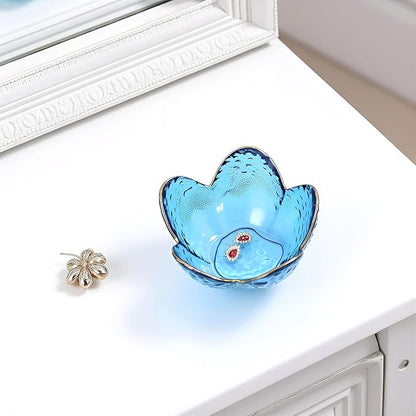 Flower Shape Ring Dish Jewelry Tray Organizer, Glass Accent Tray for Vanity, Small Decorative Trinket Dish, Crystal blue