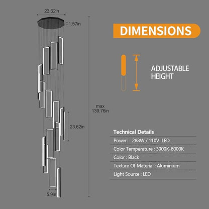 Modern Adjustable Height Pendant Light Fixture Black 288W LED Pendant Lights 16 Rings Rectangular Chandelier Staircase Large Chandelier Lobby Living Room Foyer High Ceiling Chandeliers