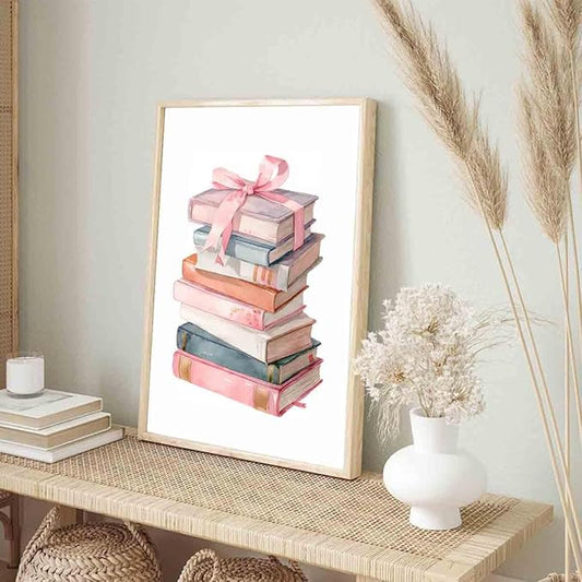 Book Lover Posters Pink Bow Pictures Book Stack Poster Inspirational Picture Educational Prints Coquette Trendy Preppy Poster Aesthetics Pink Girls Dormitory Living Room Decor 16x24inch No Frame