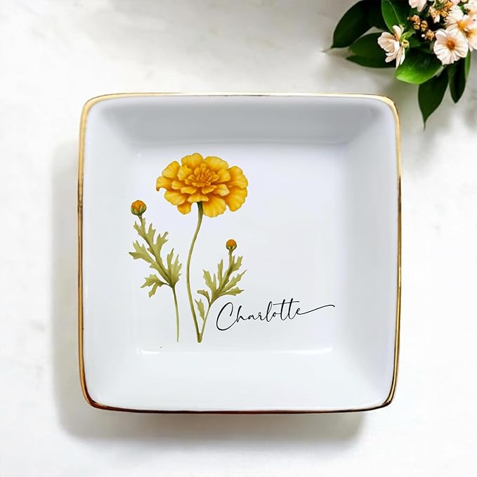 Personalized Birth Flower Ring Dish, Custom Floral Name Jewelry Dish, Trinket Tray for Women Bridesmaid Friends Sisters Siblings Bestie Gift for Birthday, Wedding, Engagement