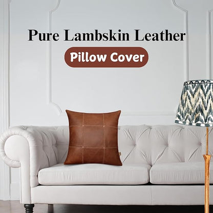 Genuine Lambskin Leather Pillow Cover, 20x20 Inch Case for Lumbar Throw Couch Pillows, Thick & Soft Cushion Covers for Sofa Bed Home Décor (Square Grid Antique Brown Pack of 2)
