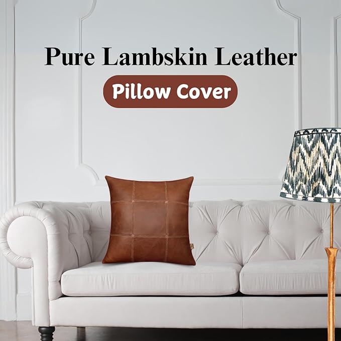 Genuine Lambskin Leather Pillow Cover, 20x20 Inch Case for Lumbar Throw Couch Pillows, Thick & Soft Cushion Covers for Sofa Bed Home Décor (Square Grid Antique Brown Pack of 1)