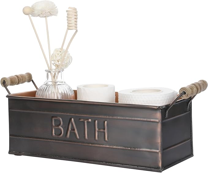MyGift Copper Bathroom Accessories with Wooden Handles, Vintage Oil Rubbed Bronze Bathroom Toiletries Holder, Organizer Bin with Embossed BATH Label - Handcrafted in India