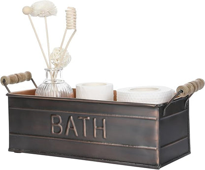 MyGift Copper Bathroom Accessories with Wooden Handles, Vintage Oil Rubbed Bronze Bathroom Toiletries Holder, Organizer Bin with Embossed BATH Label - Handcrafted in India