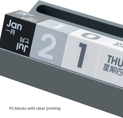Block Calendar for Desk, Daily Desktop Perpetual Desk Calendar, Cute Date Display Blocks Desk Accessory for Home Office Decor, Teacher, Classroom, Reusable Yearly (Grey, With phone holder)