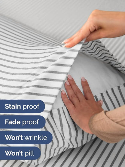 Extra Deep Full Sheet Set - 6 Piece Breathable and Cooling Sheets - Hotel Luxury Bed Sheets Set - Easy Fit - Soft, Wrinkle Free and Comfy Sheets Set - Grey Striped Sheet Set with Extra Deep Pockets