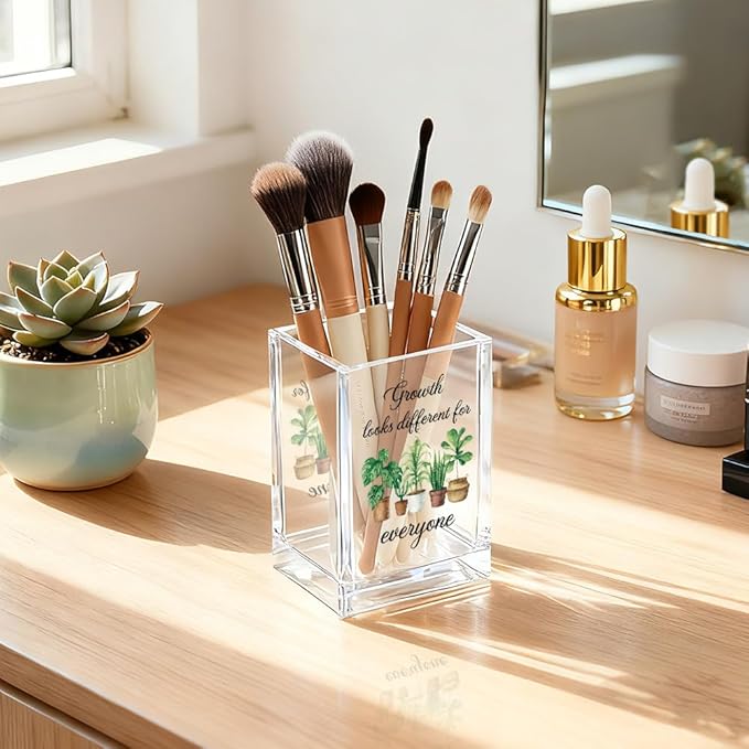 Growth Looks Different for Everyone Acrylic Cosmetic Pencil Holder Cup, Funny Plant Pen Holder for Women Teacher, Home Office Classroom Desk Accessories, Inspirational Gifts for Coworker Friend