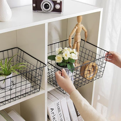 Kitchen Wire Baskets Farmhouse Decor Metal Food Storage Organizer, Household Refrigerator Bin with Built-in Handles for Cabinets,Pantry Set of 2 Black