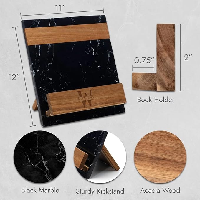 Personalized Cookbook Stand – Custom Engraved Acacia Wood & Black Marble Recipe Book Holder with Weighted Base – Rustic Design, Tablet & Cookbook Stand for Kitchen Counter, 12 × 11 × 7.5 